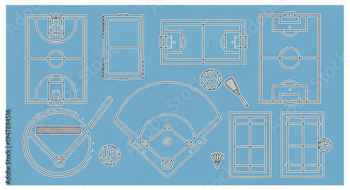 Layout of various sports fields and courts on a blue background.