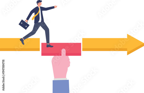Businessman walking across a giant orange arrow path being bridged by a pink rectangular platform to overcome obstacles