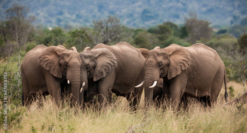 Obraz premium Content African elephants grouped closely in vast natural habitat