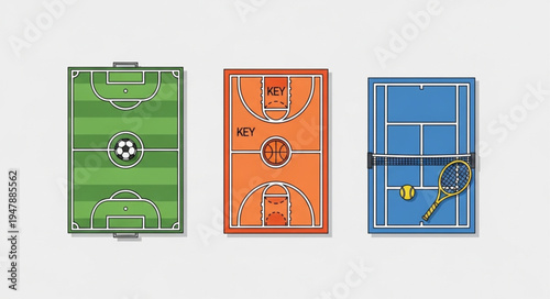 Sports Fields - Soccer, Basketball, and Tennis Court Illustrations.