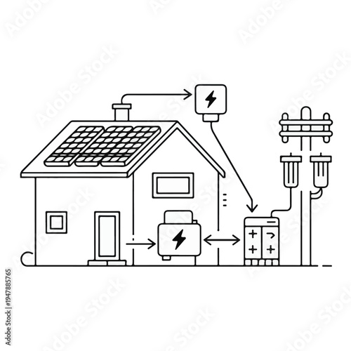 A house with solar panels generating electricity and storing it in a battery for later use
