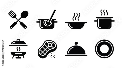 Eight black and white icons of kitchen utensils and cooking methods are shown