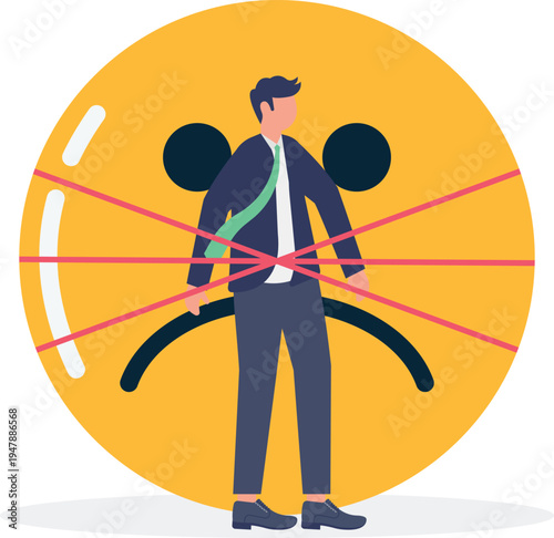 Businessman standing inside a large yellow sad face emoji with red crossing lines over his body representing unhappiness