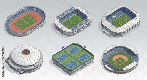 Collection of Miniature Stadium Models Displaying Various Sports Fields.