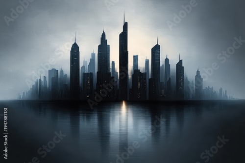 Moody futuristic city skyline silhouetted by fog above a calm water, tall dark skyscrapers with a warm glow reflecting on the surface.