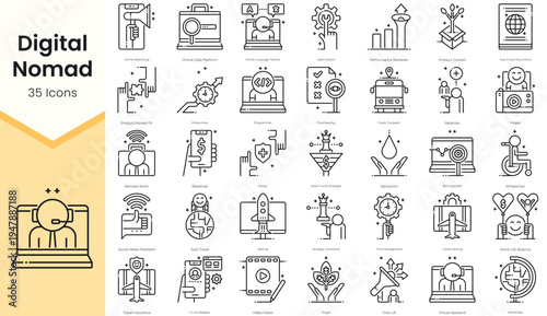 Simple Outline Set of Digital Nomad icons. Thin Line Collection contains such Icons as online language teacher, optimization, performance marketer and more