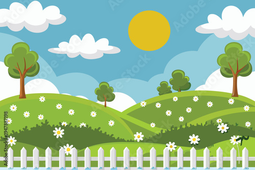 Cartoon Meadow Landscape with White Picket Fence and Sun