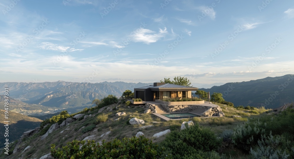 Fototapeta premium Contemporary mountain villa with expansive sky scenery