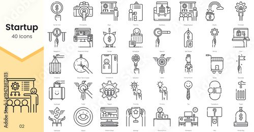 Simple Outline Set of Startup Icons. Thin Line Collection contains such Icons as planning, portfolio, presentation, profit, prototype, and more