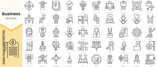 Simple Outline Set of Business Icons. Thin Line Collection contains such Icons as abilities, achieving goals, annual report, approved, brainstorming and more