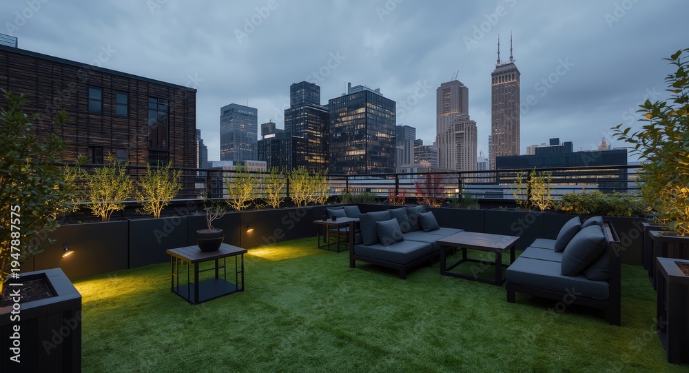 Fototapeta premium Apartment rooftop balcony with rich green artificial grass and contemporary black outdoor seating