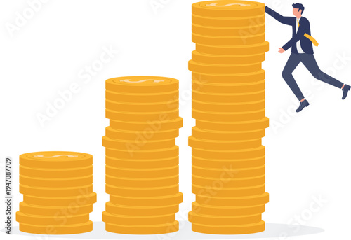 Ambitious businessman building a tall stack of gold coins representing consistent financial savings and wealth accumulation