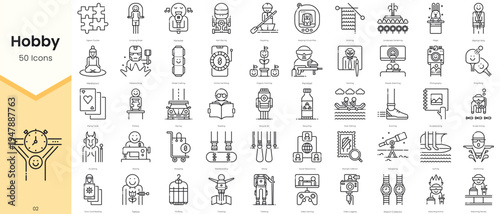 Simple Outline Set of Hobby Icons. Thin Line Collection contains such Icons as jigsaw puzzles, jumping rope, karaoke, kart racing, kayaking and more