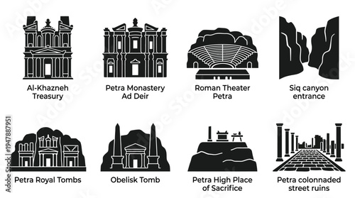 Petra Landmarks Vector Icon Set – Jordan Heritage Vectors Featuring Al-Khazneh Treasury, Ad Deir Monastery, Roman Theater, Siq Canyon, Royal Tombs, and Obelisk Tomb