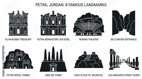 Petra Landmarks Vector Icon Set – Jordan Heritage Vectors Featuring Al-Khazneh Treasury, Ad Deir Monastery, Roman Theater, Siq Canyon, Royal Tombs, and Obelisk Tomb