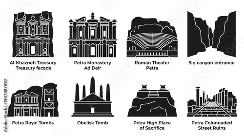 Petra Landmarks Vector Icon Set – Jordan Heritage Vectors Featuring Al-Khazneh Treasury, Ad Deir Monastery, Roman Theater, Siq Canyon, Royal Tombs, and Obelisk Tomb