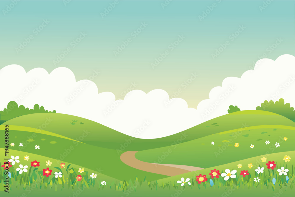 Fototapeta premium Cartoon Rolling Green Hills with Flowers and Path Under Cloudy Sky