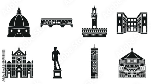 Florence Landmarks Vector Icon Set – Italy Cityscape Vectors Featuring Duomo, Ponte Vecchio, Palazzo Vecchio, Uffizi Gallery, Santa Croce, David Statue, and Giotto’s Campanile