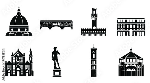 Florence Landmarks Vector Icon Set – Italy Cityscape Vectors Featuring Duomo, Ponte Vecchio, Palazzo Vecchio, Uffizi Gallery, Santa Croce, David Statue, and Giotto’s Campanile