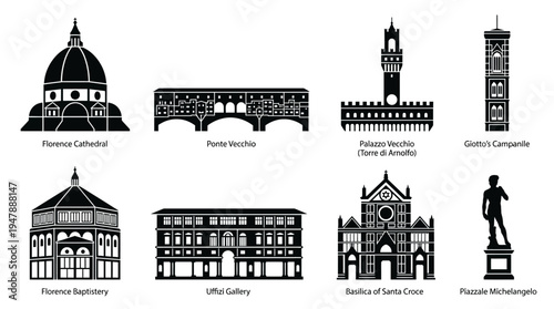 Florence Landmarks Vector Icon Set – Italy Cityscape Vectors Featuring Florence Cathedral, Ponte Vecchio, Palazzo Vecchio, Giotto’s Campanile, Uffizi Gallery, Santa Croce, and Baptistery