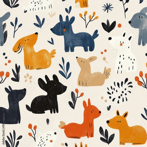 Playful seamless pattern of colorful cartoon dogs and puppies with leaves, berries and botanical doodles on a soft light background, cheerful and whimsical