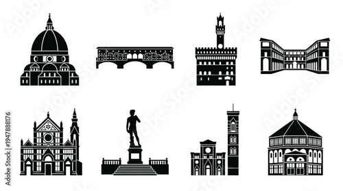 Florence Landmarks Vector Icon Set – Italy Cityscape Vectors Featuring Duomo, Ponte Vecchio, Palazzo Vecchio, Uffizi Gallery, Santa Croce, David Statue, and Giotto’s Campanile
