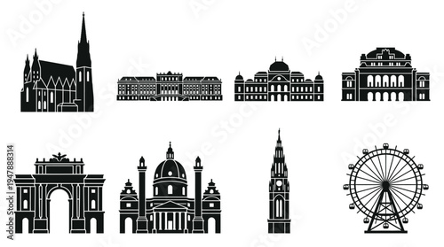 Vienna Landmarks Vector Icon Set – Austria Cityscape Vectors Featuring St. Stephen’s Cathedral, Schönbrunn Palace, Belvedere, Vienna State Opera, Rathaus, Karlskirche, and Riesenrad