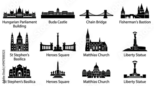 Budapest Landmarks Vector Icon Set – Hungary Cityscape Vectors Featuring Parliament Building, Buda Castle, Chain Bridge, Fisherman’s Bastion, St. Stephen’s Basilica, Heroes’ Square, and Liberty Statue