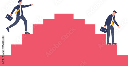 Ambitious businessman walking up a red staircase representing the difficult steps toward corporate career advancement