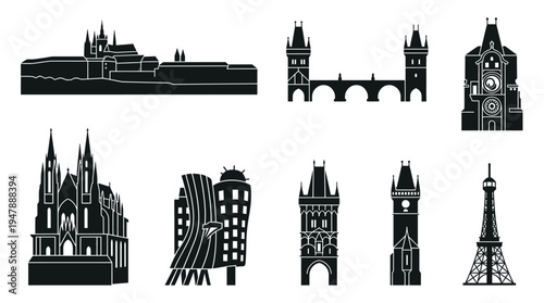 Prague Landmarks Vector Icon Set – Czech Republic Cityscape Vectors Featuring Prague Castle, Charles Bridge, Astronomical Clock, St. Vitus Cathedral, Dancing House, Powder Tower, and Petřín Tower