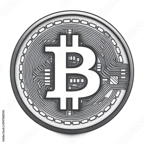 silver metal round coin with embossed capital B and double vertical strokes, intricate circuit engraving and dotted rim on white background, futuristic confident mood