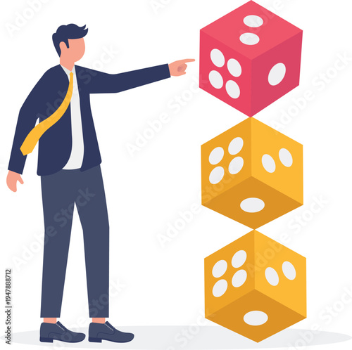 Businessman pointing at a set of stacked colored dice representing business risk management and calculated decisions