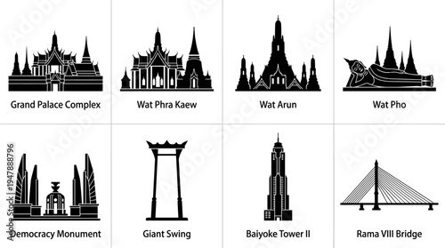 Bangkok Landmarks Vector Icon Set – Thailand Cityscape Vectors Featuring Grand Palace, Wat Phra Kaew, Wat Arun, Wat Pho, Democracy Monument, and Rama VIII Bridge