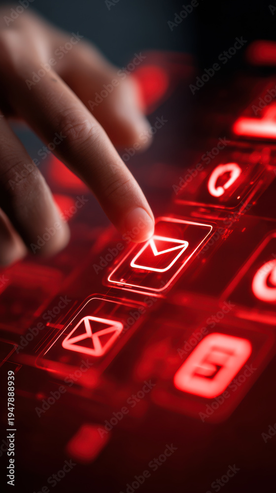 Obraz premium Finger touches glowing red icons on a digital screen in a dark room during evening hours