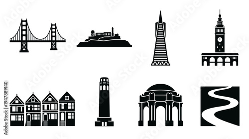 San Francisco Landmarks Vector Icon Set – Cityscape Vectors Featuring Golden Gate Bridge, Alcatraz, Transamerica Pyramid, Ferry Building, Painted Ladies, Coit Tower, and Palace of Fine Arts