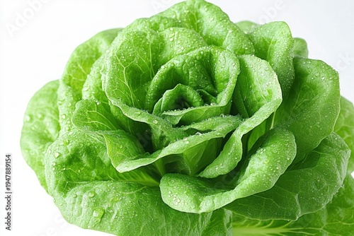Close-up of fresh dewy green lettuce head with water droplets conveying crisp freshness