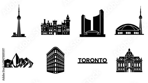 Toronto Landmarks Vector Icon Set – Cityscape Vectors Featuring CN Tower, Casa Loma, City Hall, Rogers Centre, ROM, Toronto Sign, and Historic Buildings