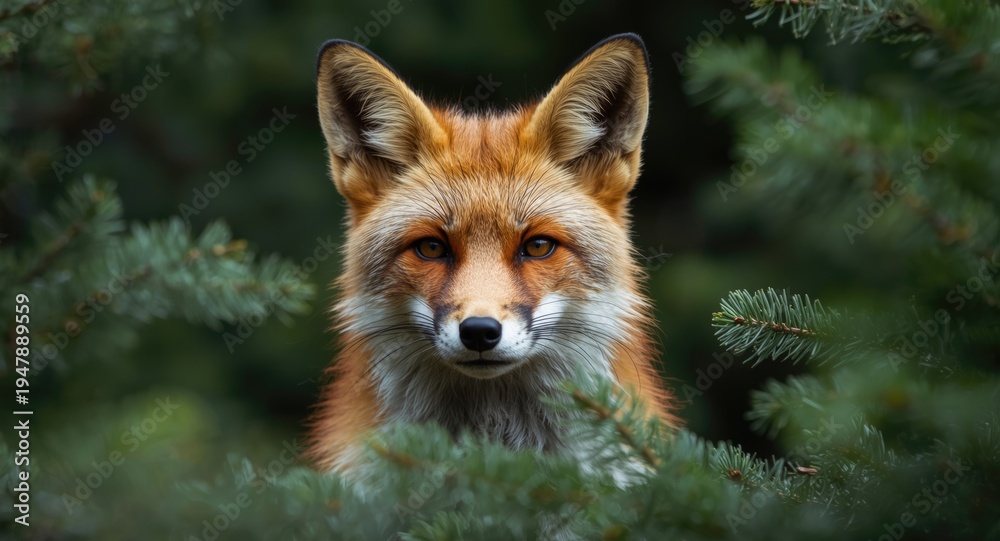 Obraz premium Detailed portrait of a red fox looking directly surrounded by pines