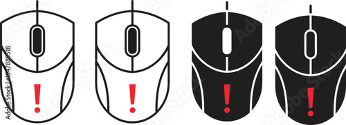 Set of black and white computer mouse icons with red exclamation marks, representing hardware connection errors, software issues, tech support, or computer system malfunction alerts.