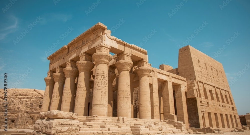 Obraz premium Ancient Egyptian temple ruins with detailed hieroglyphics under clear sky