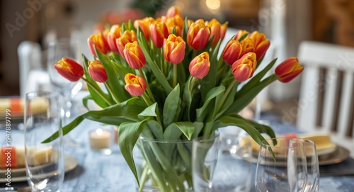 Bright tulip bouquet decorating a festive table setting for celebrations
