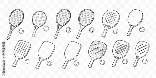 Hand Drawn Sports Rackets and Equipment Vector Set Tennis, Padel, Pickleball Outline Collection