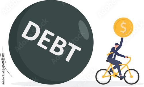 Businessman on a bicycle pulling a giant heavy black ball with the word DEBT representing financial struggle