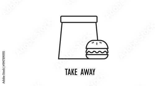 Simple black line takeaway paper bag with burger icon, fast food delivery and take out meal symbol isolated on white background, restaurant takeaway and food delivery concept