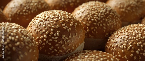 Close up photo of sesame seed topped sandwich buns stack