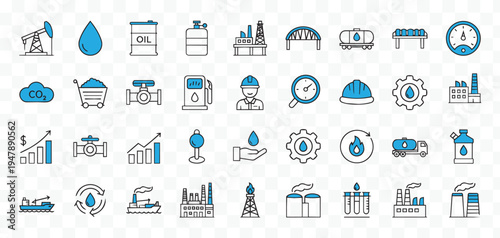 Oil, Gas and Energy Industry Icons Set. Modern Petroleum, Fuel, and Power Production Outline Vector Collection with Blue Accents.