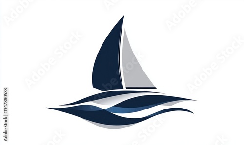 stylized sailboat with layered blue and gray sails gliding over flowing navy waves, evoking calm adventurous serenity