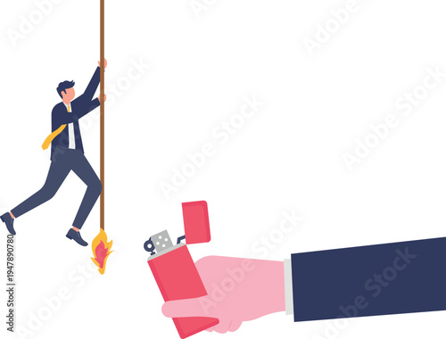 Businessman trying to put out fire on a burning stick using a lighter representing risky business decisions