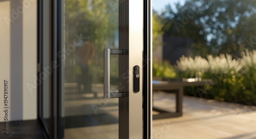 Detailed close up of aluminum sliding door system in outdoor patio setting