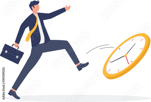 Businessman kicking a large clock representing time management and racing against project deadlines
